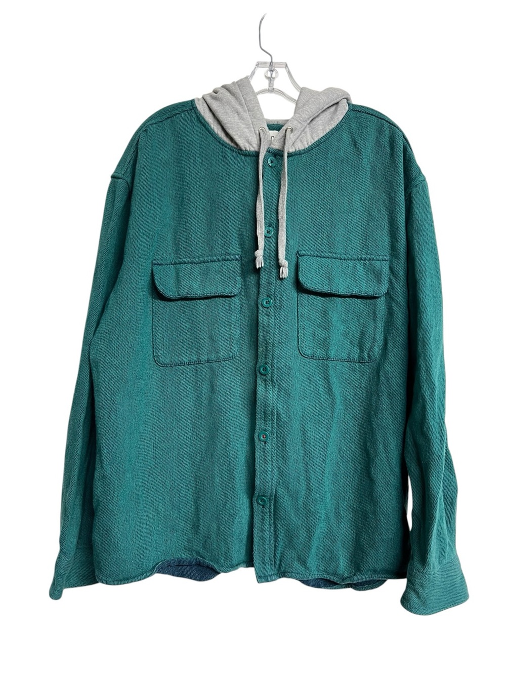 Men's BDG Urban Outfitters Teal Green Hooded Twill Button-Up Shacket Overshirt